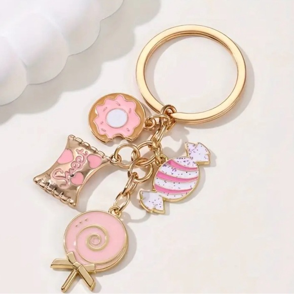 NXQXN Sweet Pink Candy & Donut Charm Keychain - Gold-Toned - Picture 2 of 5